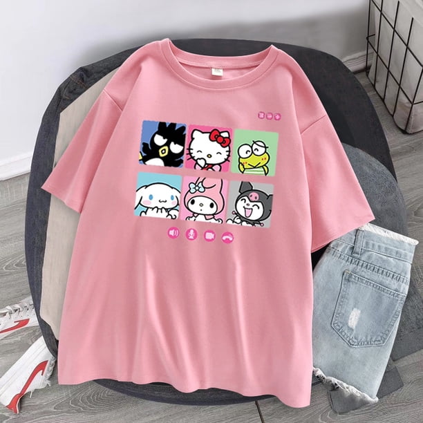 Impresión de dibujos animados holley kitty y Kuromi y Cinnamoroll camiseta blusa verano Streetwear O-cuello dulce niñas T-Shirtpangjing