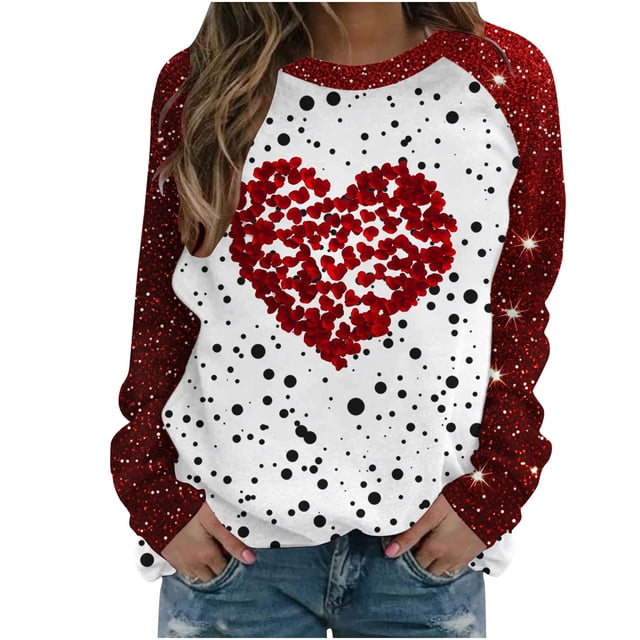 Penkiiy Hauts de Mode à Manches Longues pour Femmes, Col Rond Mignon, Blouse Tendance, Saint-Valentin 2025, Grande Taille, Imprimé Cœur d'Amour, Rouge