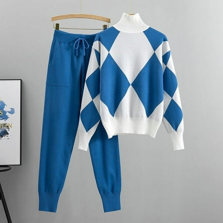 Fanxing 2 Piece Outfits for Women Fall Argyle Sweater Outfits Long Sleeve Knitted Set Top Sweat Suits 2025 Knit Pullover Lounge Sets Track My Order Blue XL