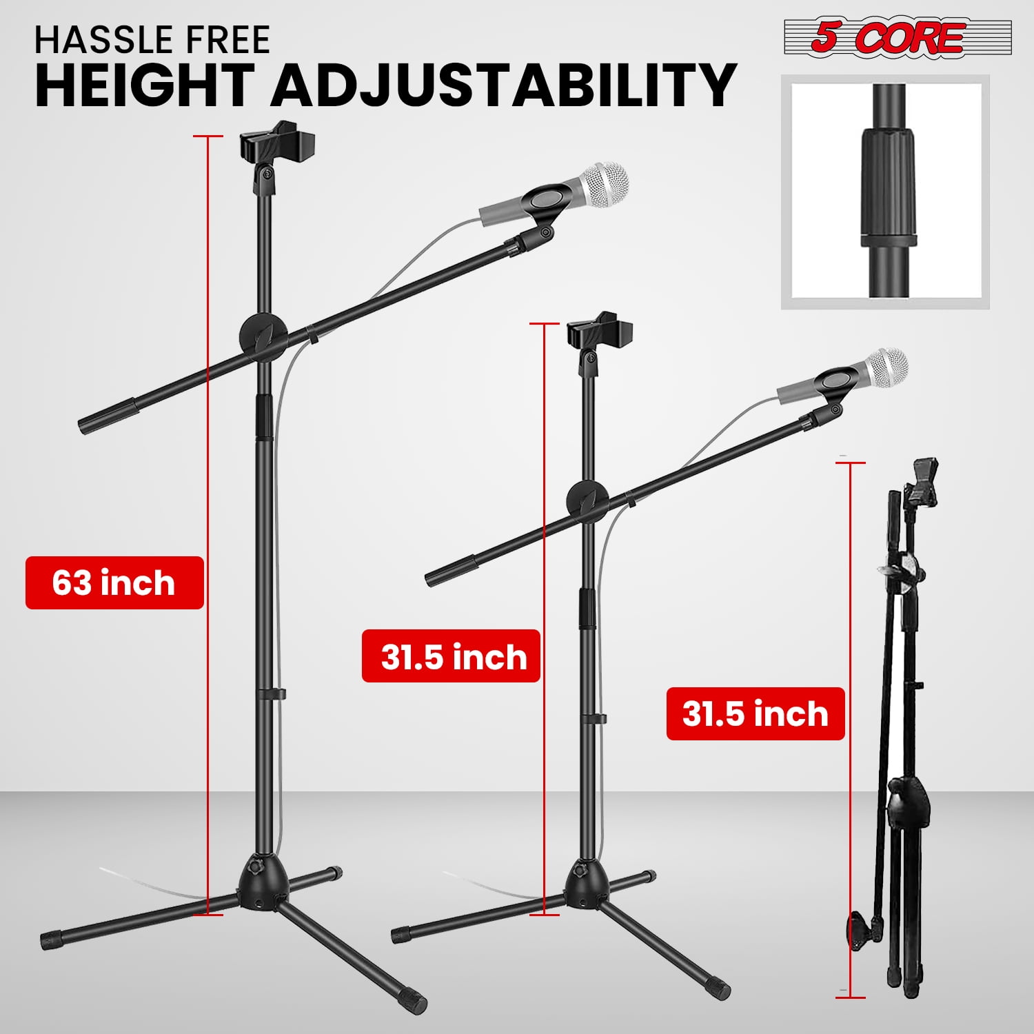 5 Core Microphone Stand Floor 2 Mic Clips Universal Height Adjustable Tripod Mic Stands w Boom Arm MS DBL 2 PCS