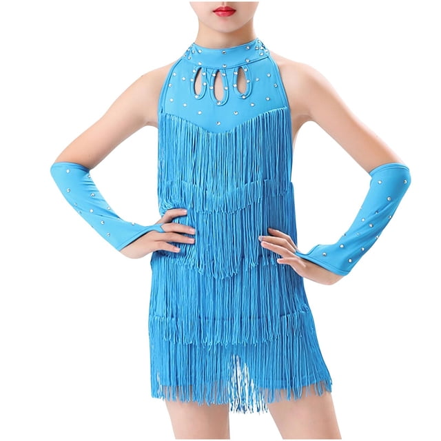 Odeerbi 2-8 Años Niñas Flecos Vestido de Baile Latino Con Sobremanga Conjunto Escenario Rendimiento Trajes de Baile Mono de Práctica Falda Con Borlas
