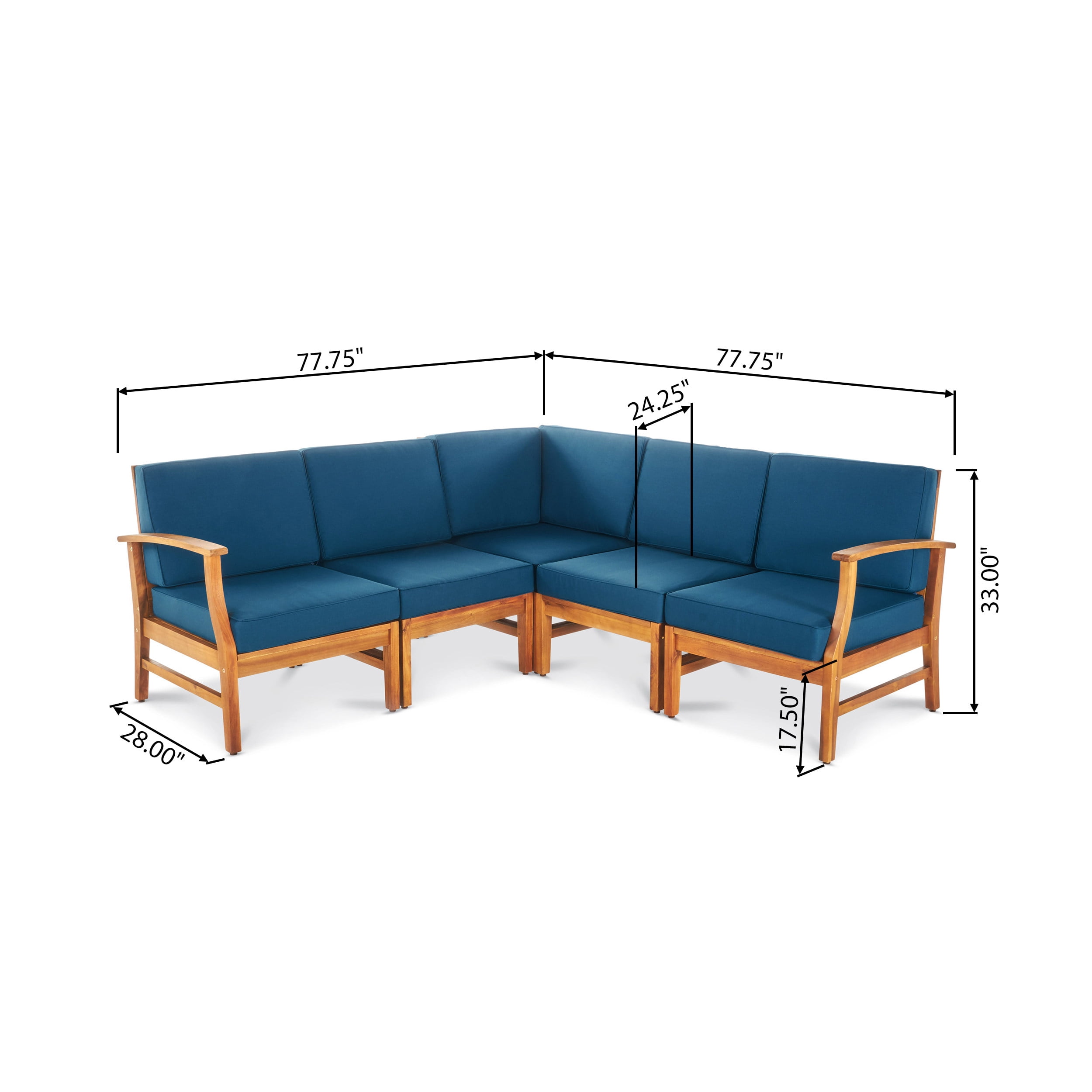 Hermosa Outdoor 5 Piece Chat Set with Cushions (No Coffee Table), Blue, Teak Finish