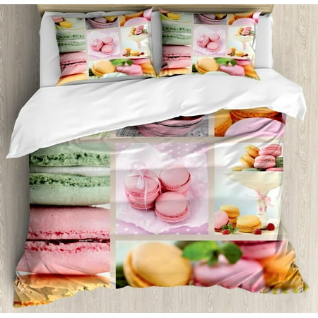 Colorful Duvet Cover Set, Traditional French Desert Macaroons Themed Collage with Coffee Gourmet Sweet Print, Decorative Bedding Set with Pillow Shams, Multicolor, by