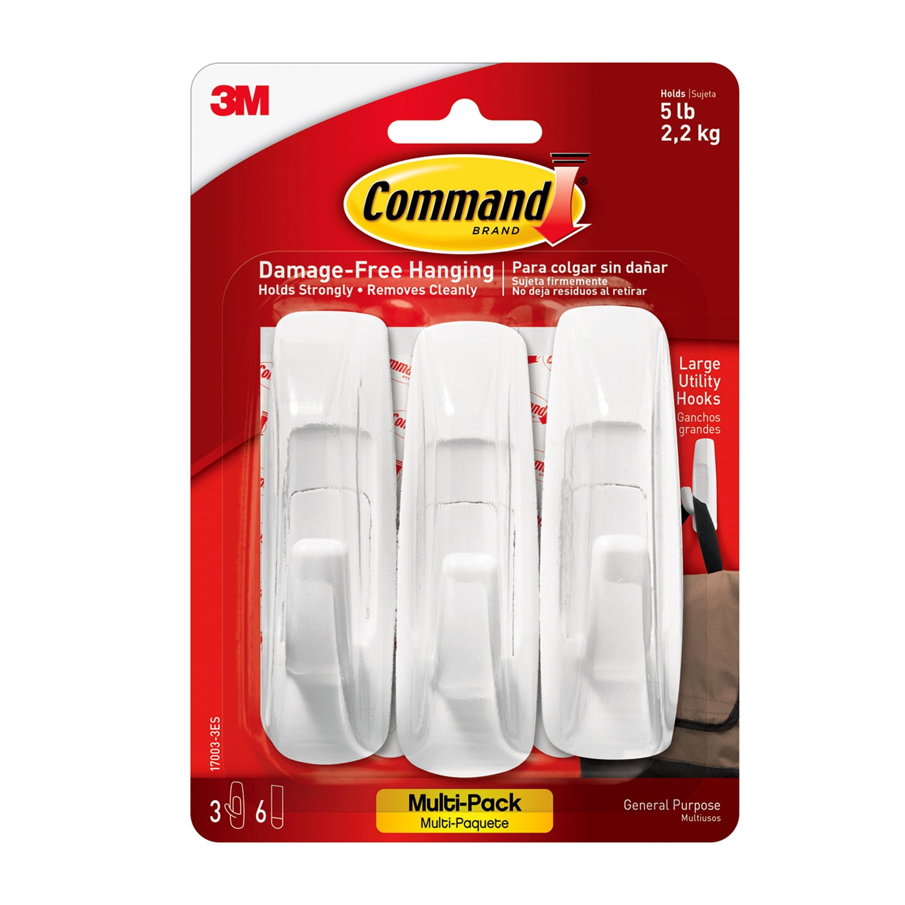 3M Command Large Utility Hooks Multi-Pack, 3 Per Pack, 3 Packs