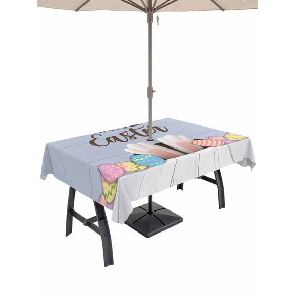 Outdoor Tablecloth with Umbrella Hole and Zipper, Happy Easter Rectangle Table Cloth 60x102 Inch Waterproof Tablecloth, Colorful Spring Eggs Haze Blue Wooden Picnic Table Cover for Patio Camping