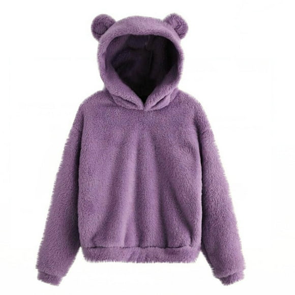jsaierl Womens Bear Ear Sherpa Hoodies Solid Fleece Cute Top Long Sleeve Loose Warm Pullover Sweatshirt