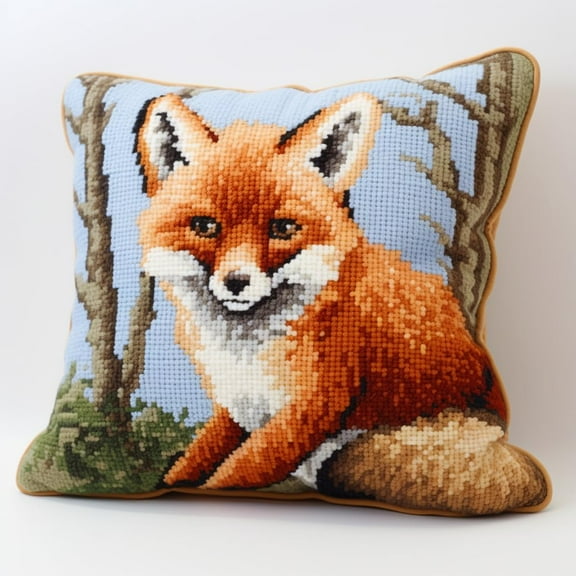 Animal Red Fox Latch Hook Kits Pillow Crochet Yarn Cushion Pre-Printed Rug Needlework DIY Pillowcase Hook and Latch Kit Christmas Home Sofa Decoration 43x43cm(3)
