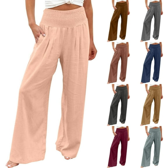 Bovxnpu Women's Linen Flowy Wide Leg Beach Trousers with Pockets Womens Wide Leg Pants Loose High Waisted Pull On Casual Trousers Soft Comfy