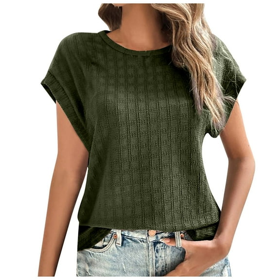 Tops For Women Trendy Summer Casual Cap Short Sleeve Basic Textured Solid Color Round Neck T Shirts Blouse