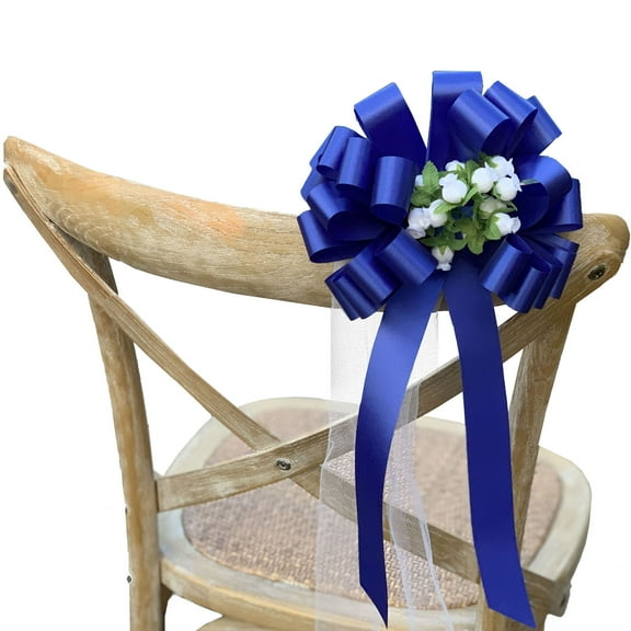 Royal Blue Pull Bows with Tulle Tails and Rosebuds - 8" Wide, Set of 6, Weddings, Easter, Memorial Day, 4th of July