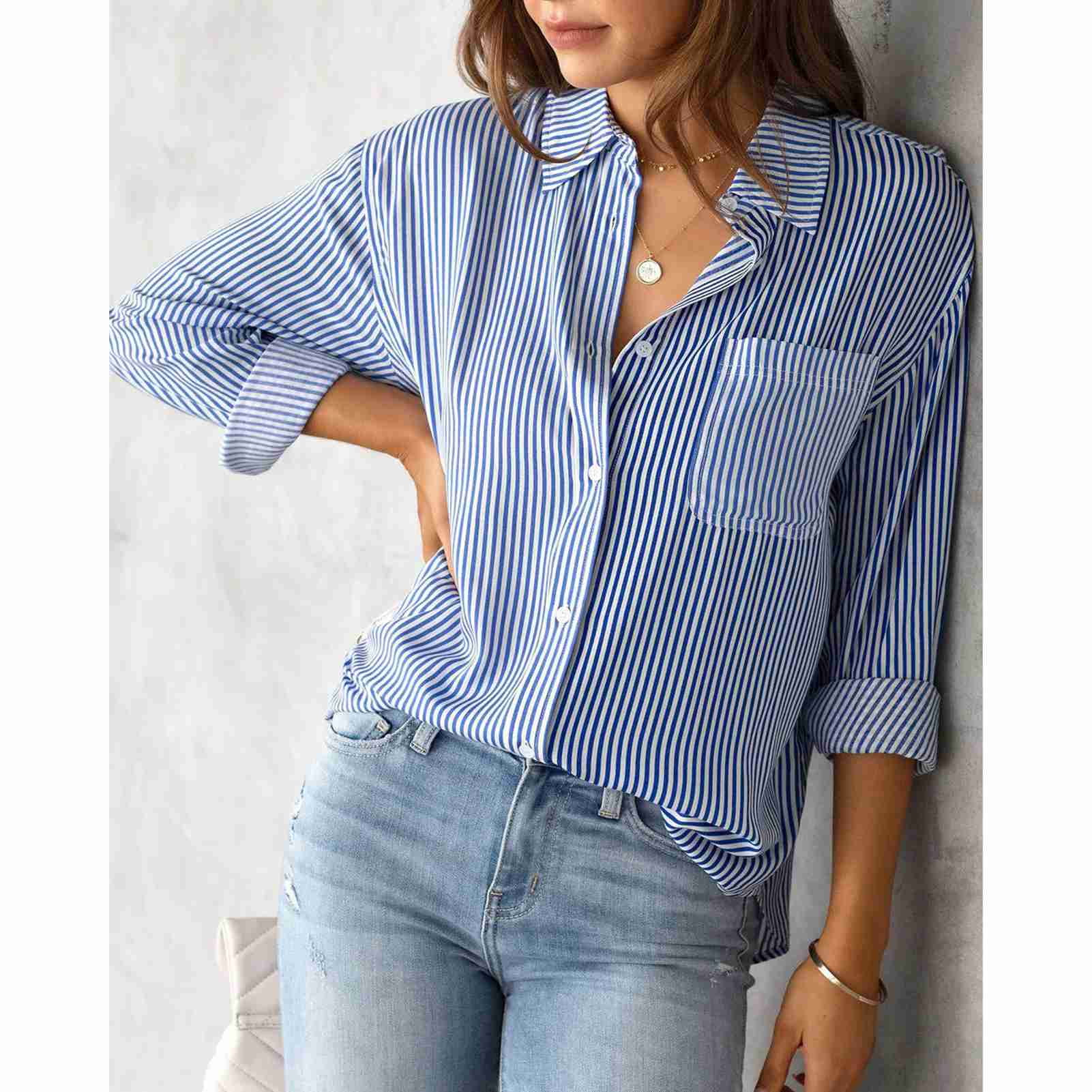 Women Striped Shirt with Button Long Sleeve Lapel Collar Casual Cardigan  Blouse for Autumn - Walmart.ca