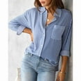 thumbnail image 2 of Blouse Ample, Col à Revers Cardigan Rayé pour Femmes pour Usage Quotidien Bleu S, 2 of 7