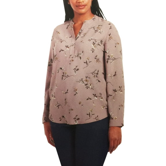 Hilary Radley Women's Printed Long Sleeve Blouse Top, Pink Floral/Mauve Bronze, Medium
