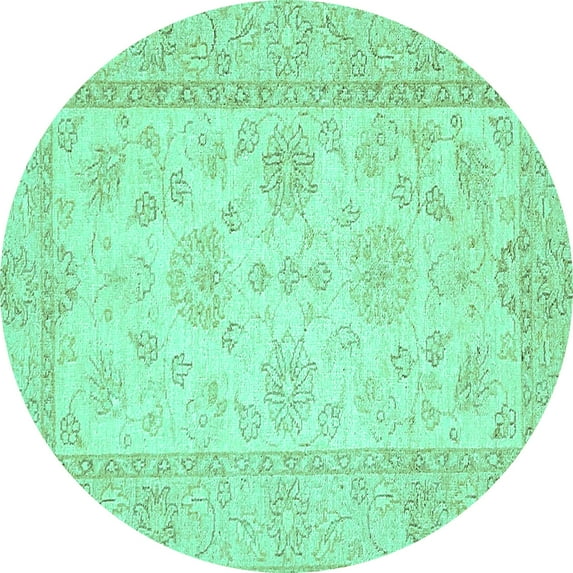 Ahgly Company Machine Washable Indoor Round Oriental Turquoise Blue Traditional Area Rugs, 3' Round