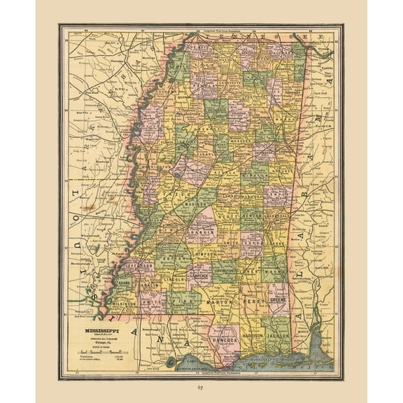 Historic State Map - Mississippi - Cram 1888 - 23 x 27.94 - Vintage Wall Art