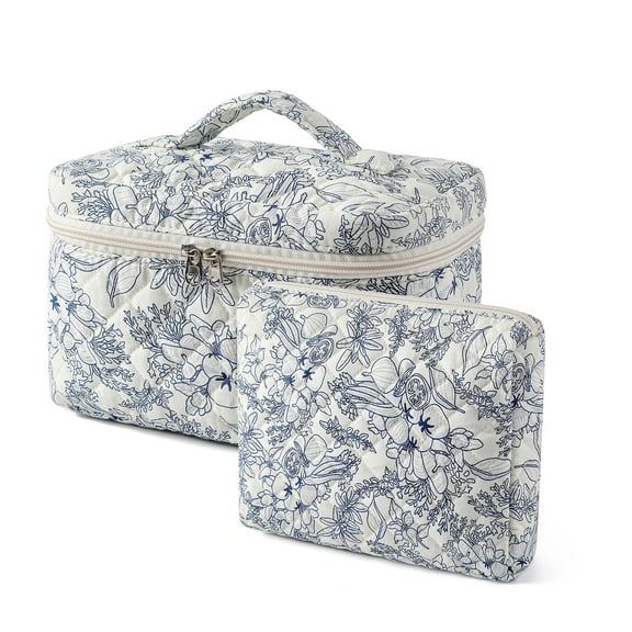 3 Pcs Quilted Cotton Makeup Pouch, Coquette Floral Quilted Toiletry Makeup Bag for Women and Girls, Aesthetic Travel Organized Cosmetic Bags
