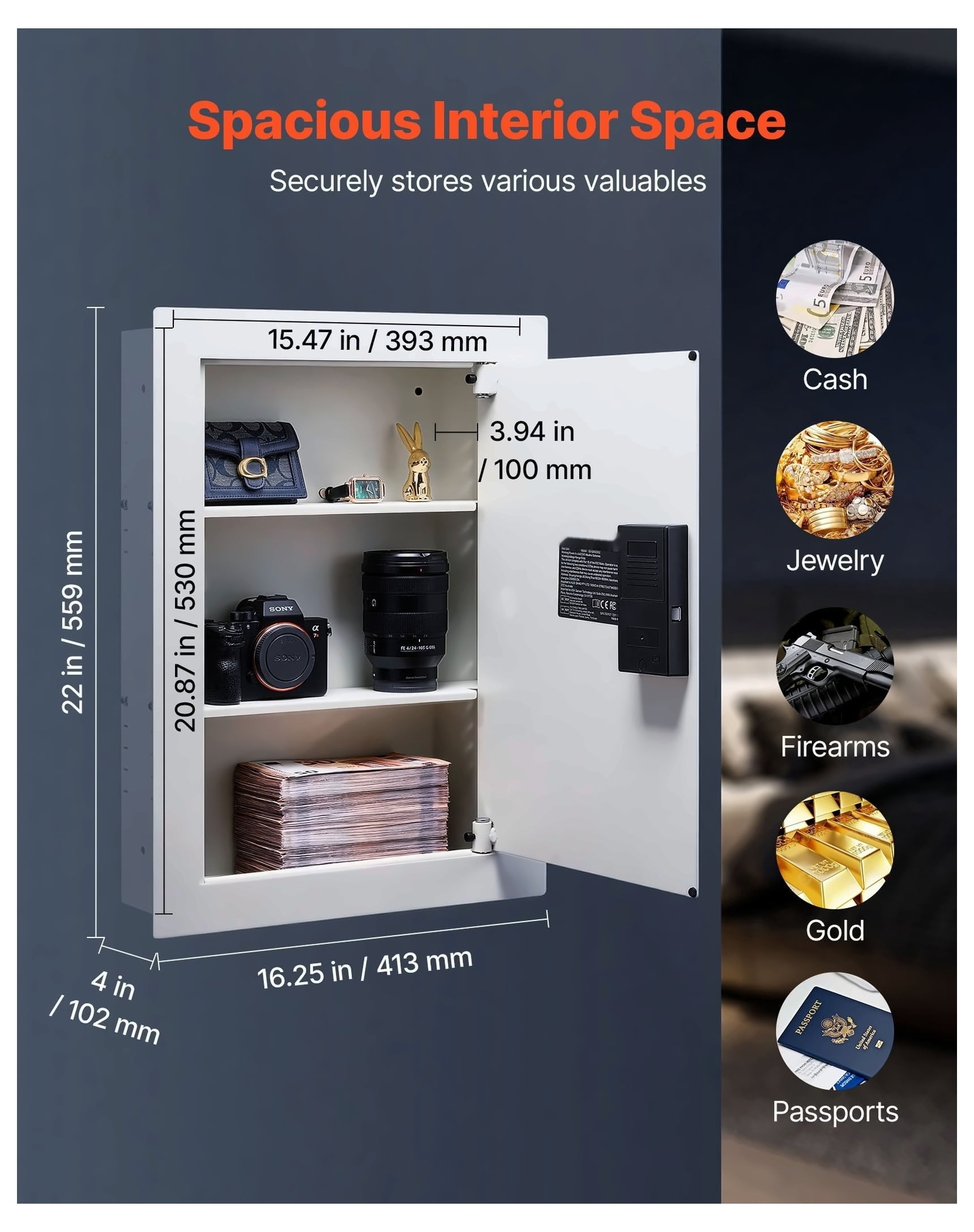 Wall Safe 0.83 sq ft Hidden Safe with Password & Key, In-Wall Box for Money Jewelry Passport
