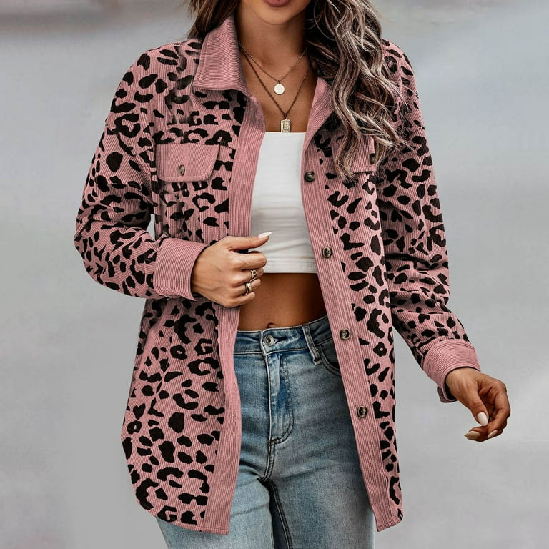 Womens Jean Jackets Lightweight Stretch Denim Jacket for Women Plus Size Womens Leopard Print Solid Color Button Jacket Oversized Long Sleeve Button