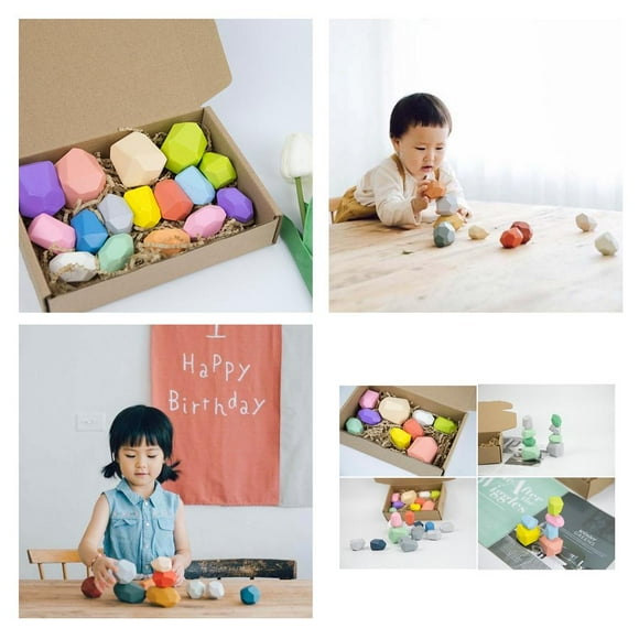 Tachiuwa 2x 16 Pieces/box Wooden Stacking Sorting Rock Block Puzzles DIY Fun Decoration