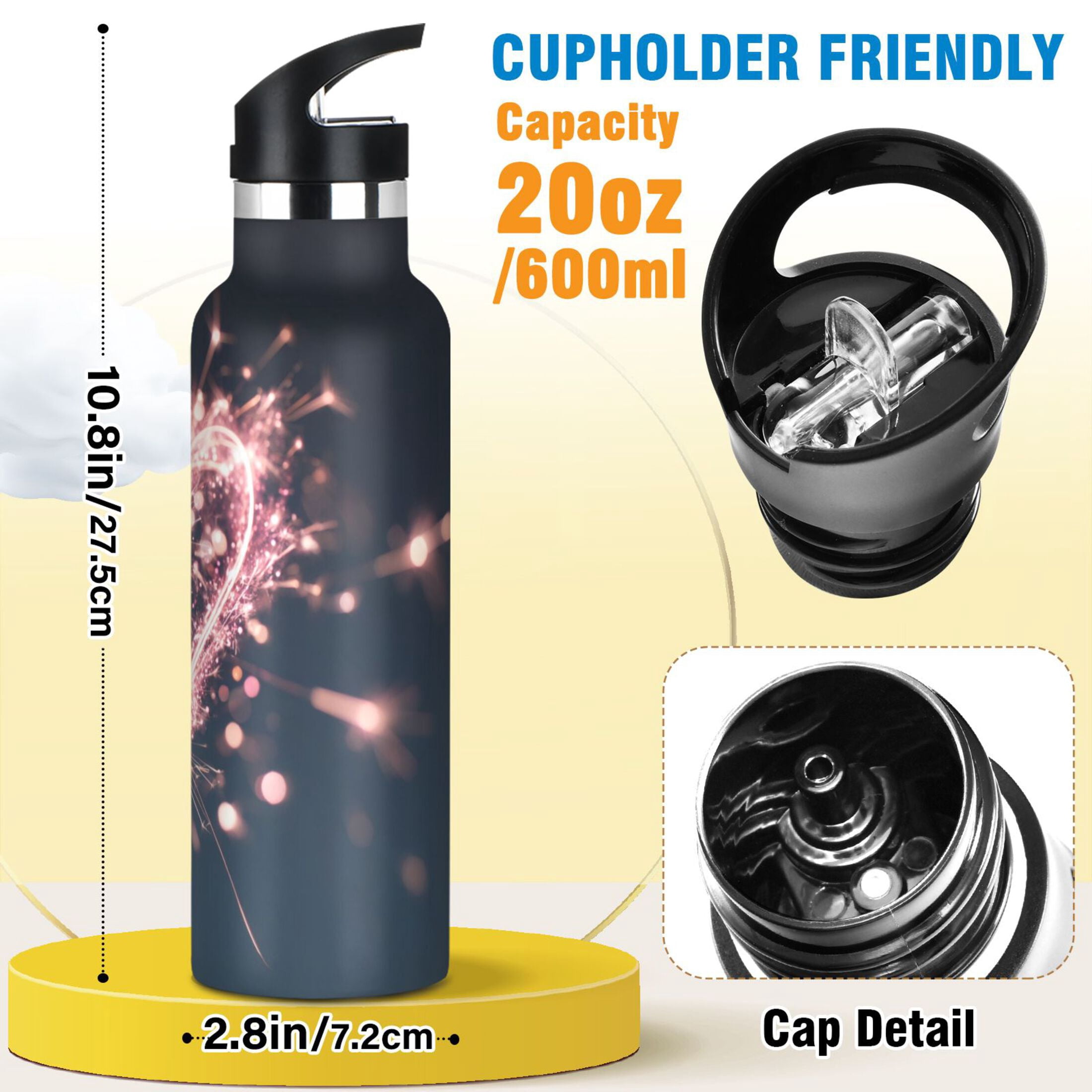 Kids Insulated Stainless Steel Sports Water Bottle 600ml Pink Heart-shaped Sparkler