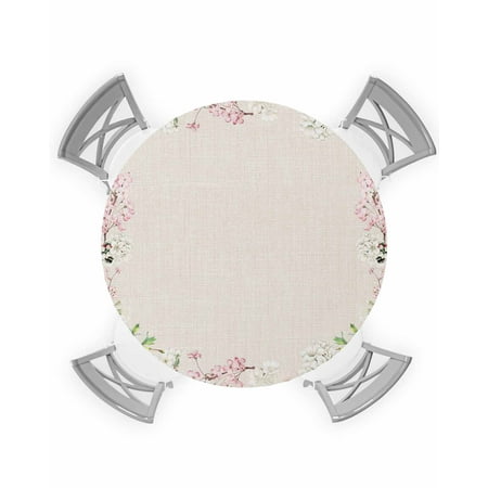 

Round Tablecloth with Elastic Flowers Plant Pink White Floral Linen Waterproof Stain-proof Table Cover Wipeable Fitted Table Cloths for 36 -44 Round Tables Dining Kitchen