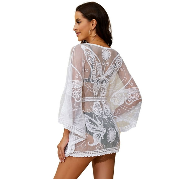 ZPAQI Women's Sheer Mesh Dress Beach Swimwear Butterfly See Through Cover Ups Dress