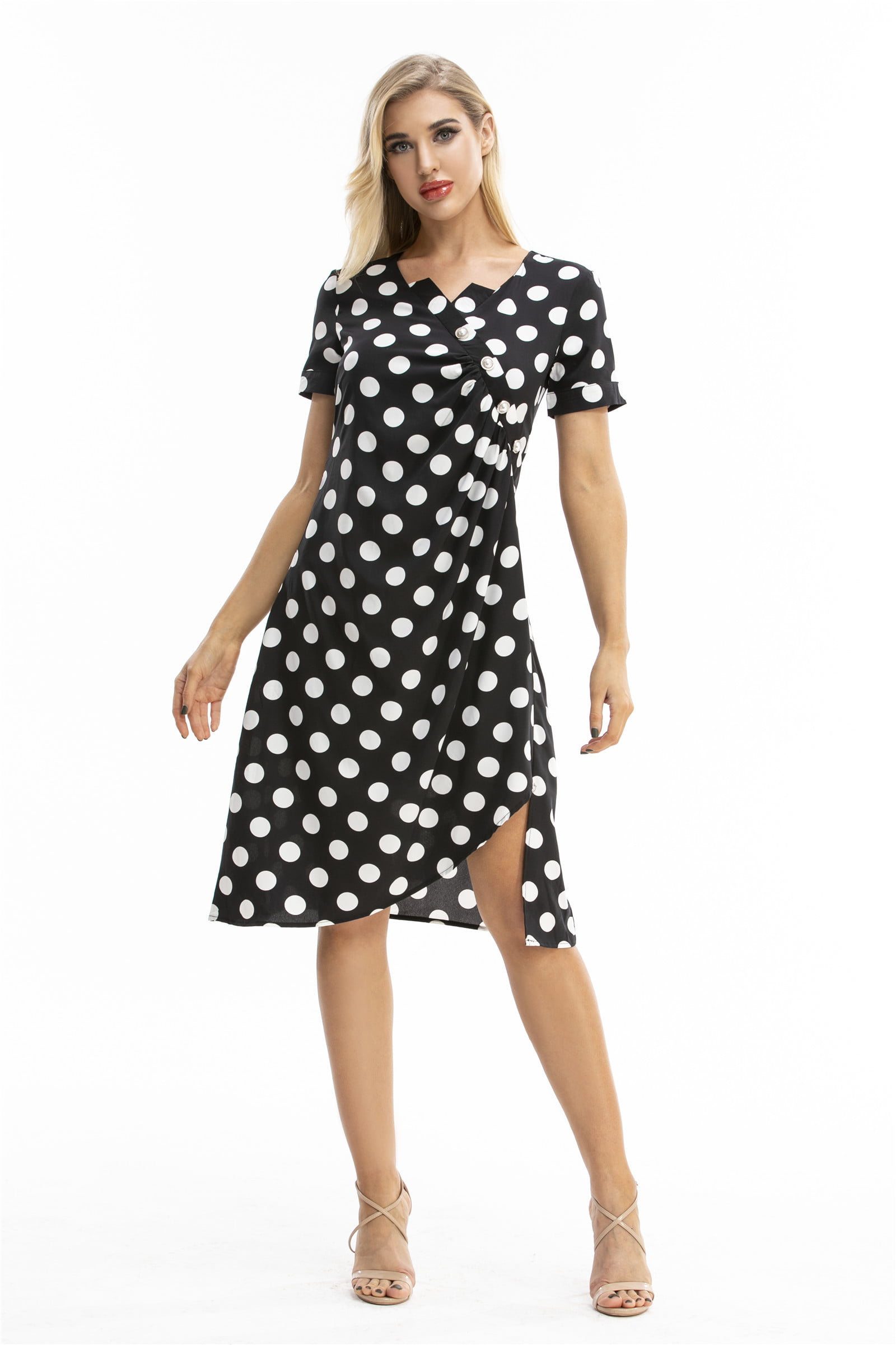 TOP SHE - Women's Polka Dot Print Pearl Button Dresses Casual Short ...