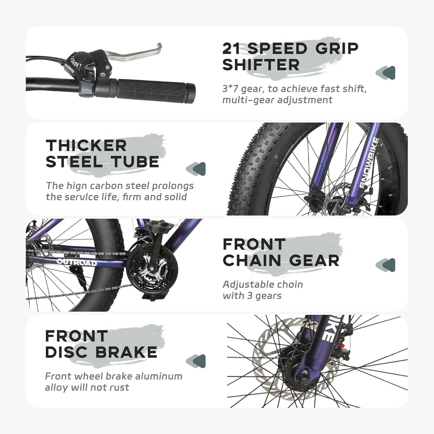 Marknig Fat Tire Mountain Bike with 26 inch Wheels, 21 Speed with High Carbon Steel Frame, Double Disc Brake and Front Suspension Anti-Slip Bikes, Purple