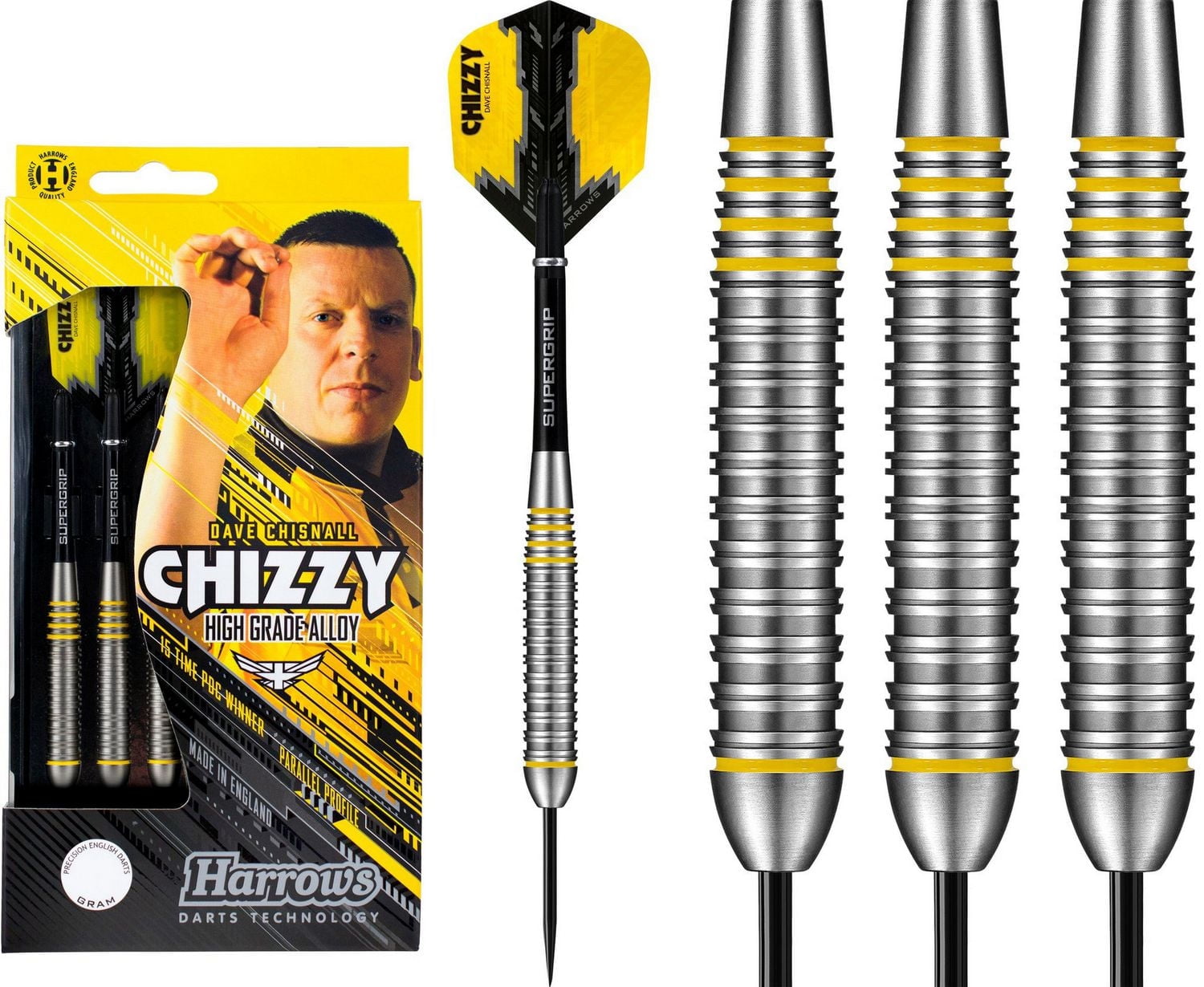 Fléchettes Harrows Chizzy Dave Chisnall en alliage de haute qualité - Comprend trois fléchettes en laiton « l'allure tungstène », trois tiges Supergrip et trois ailettes Prime - 24 grammes
