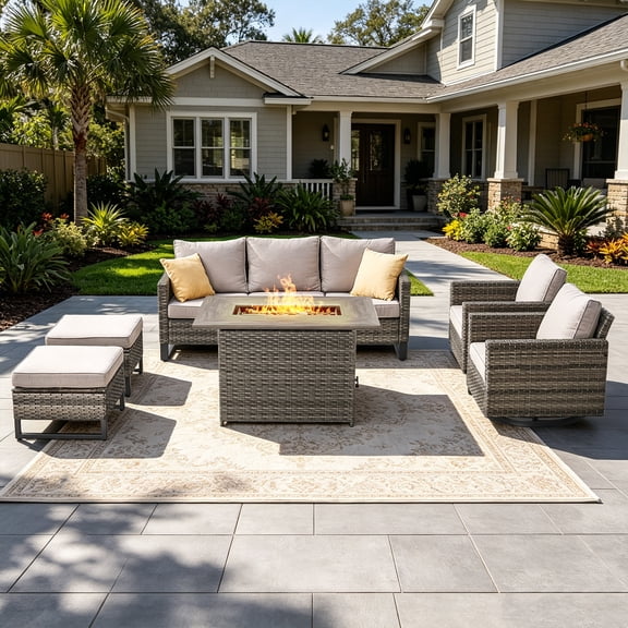 POCASSY 6PCS Outdoor Furniture Set with Fire Pit Table - All Weather Patio Conversation Set with Gray Wicker Outdoor Swivel Chairs and 41" Propane Firepit Table for Balcony, Porch, Garden - Beige