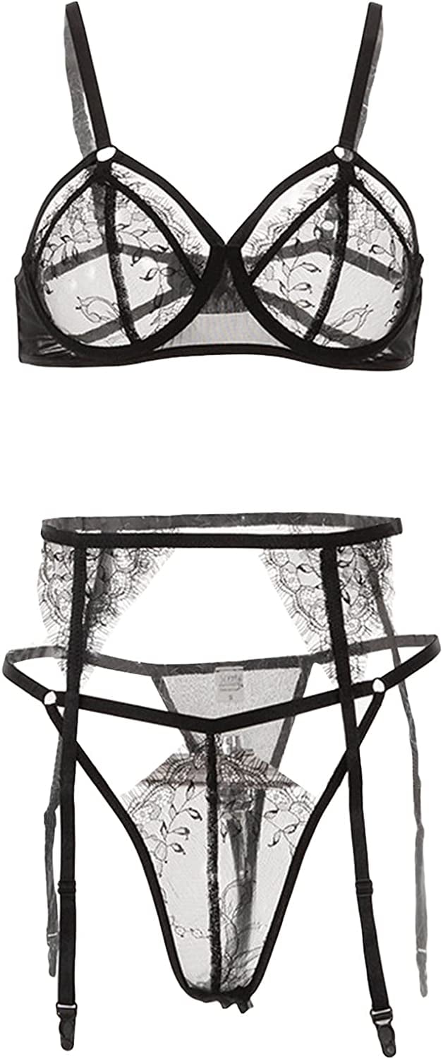 Womens Erotic See Through Lingerie Set With Garter Eyelash Trim Lace Lingerie Set Strappy Sexy 