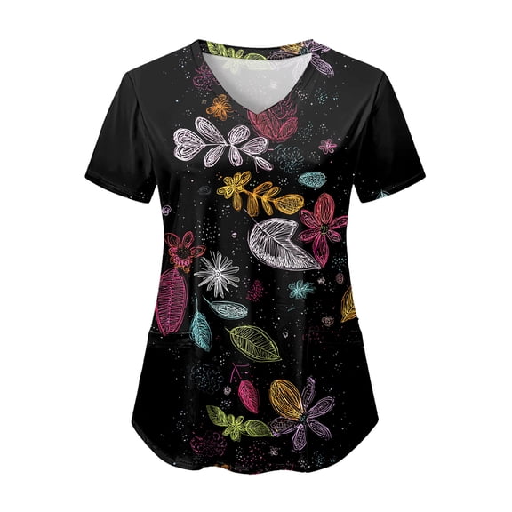 COMVALUE Scrub Tops Women Short Sleeve Plus Size V Neck Fun Printed Scrubs Top Medical Nursing Uniforms with Pockets (Grey, 3XL)