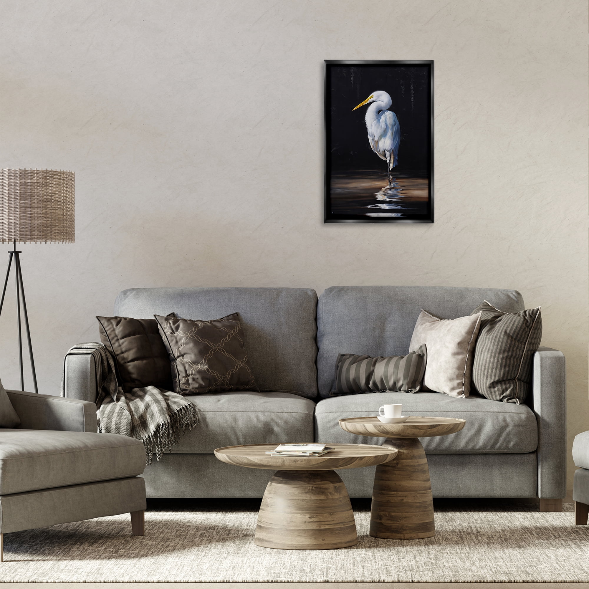 Stupell Industries Balancing Egret Bird Animals Painting Black Floater Framed Canvas Art Print Wall Art, 17 x 25