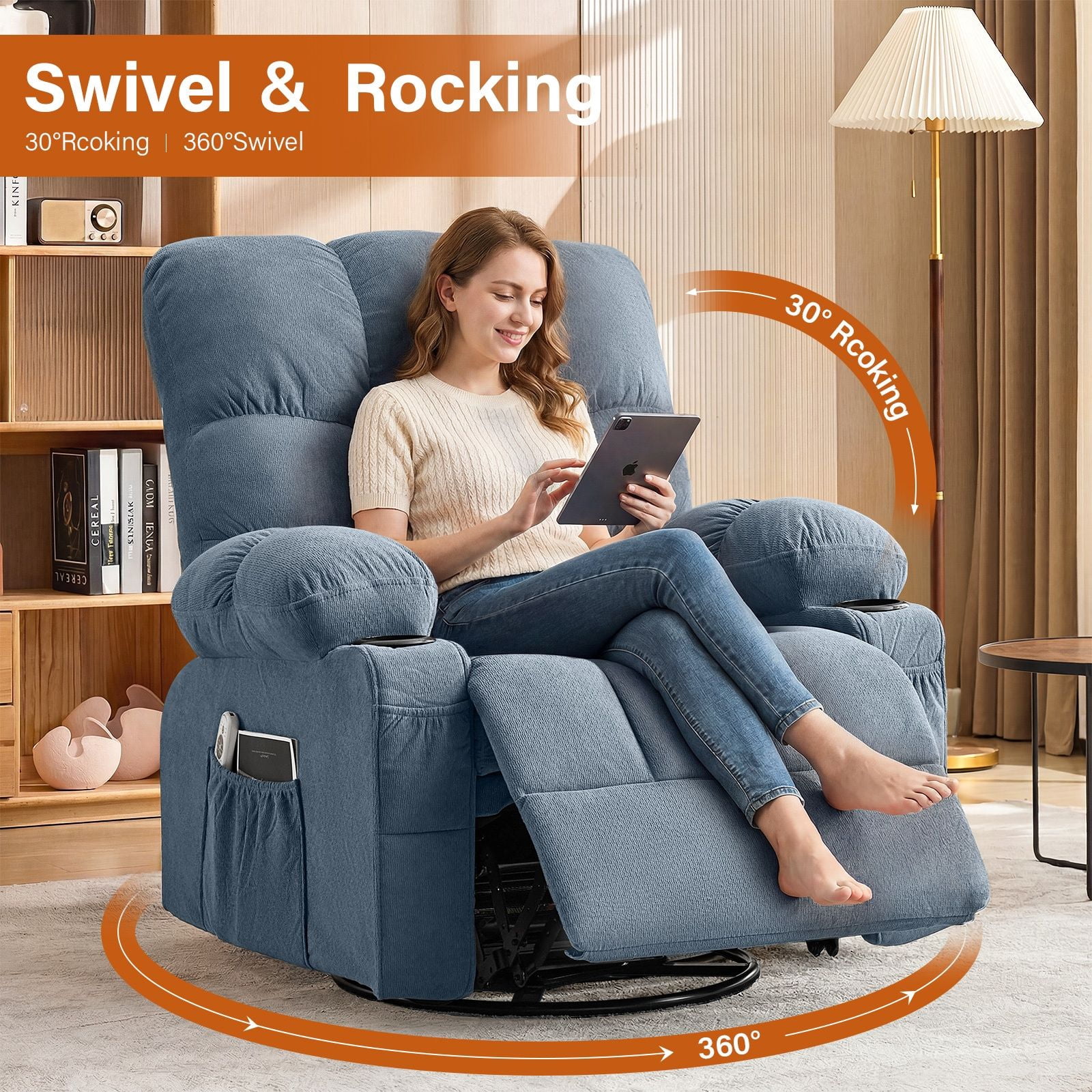 Alvantor Swivel Rocker Recliner Chair with Massage & Heat Single Rocker Sofa with Cup Holders for Bedroom Home Theater Blue