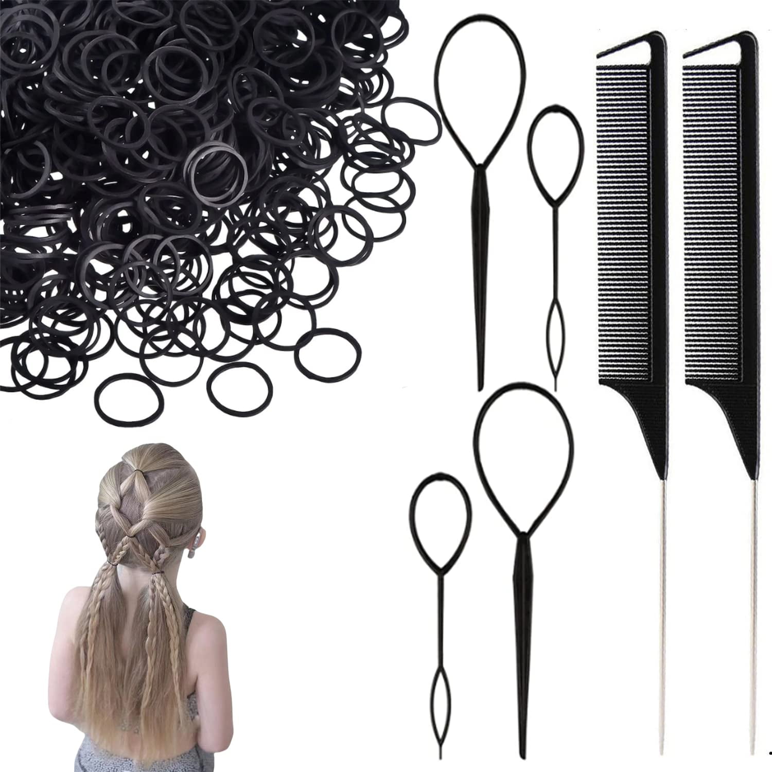 1000Pcs Hair Rubber Bands, IKOCO 2Pcs Topsy Tail Hair Tools and Colorful  Elastic Rubber Bands for Girls Curly Thick Hair with Rat Tail Comb