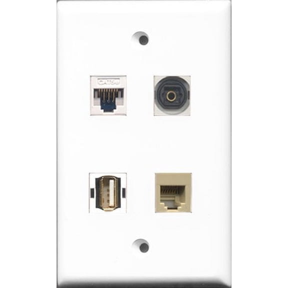 RiteAV 1 Port USB A-A and 1 Port Phone RJ11 RJ12 Beige and 1 Port Toslink and 1 Port Cat5e Ethernet White Wall Plate