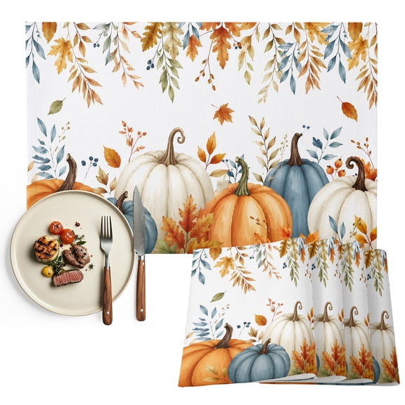 Orange Blue Pumpkins Fall Placemats Set of 6, Thanksgiving Maple Leaves Washable Wipeable Table Mats for Dining Tables, Indoor Outdoor Kitchen Place Mats for Holiday Party Table Decor