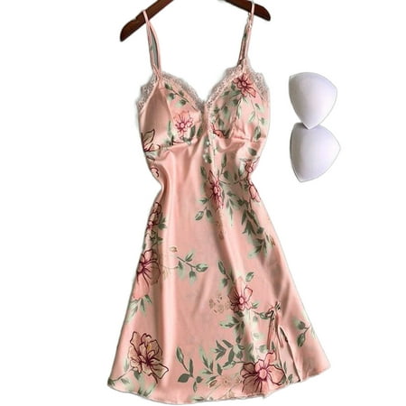

Caitzr Women Summer Sleepwear Satin Lingerie Nightdress Lace V-Neck Nightgown Silk Pajama Slip Dress