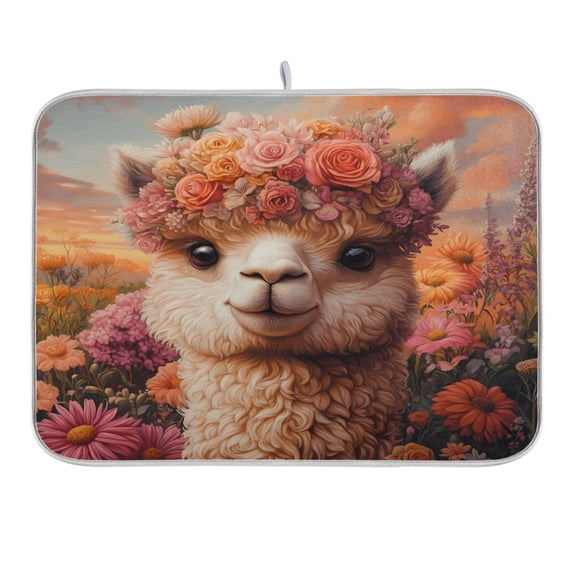 Alpaca in Flowers Sea Dish Drying Mat 16x18 Absorbent Microfiber Draining Rack Pad for Kitchen Counter Sink