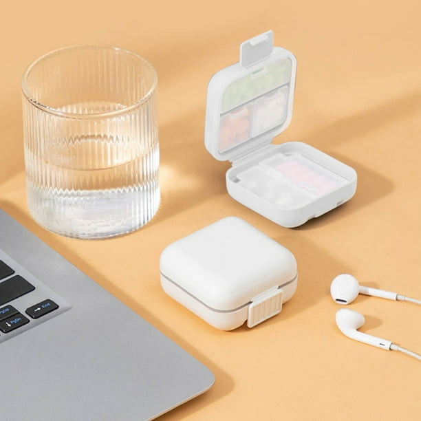 Dispensador de medicamentos rectangular de plástico | Cortador de pastillas ajustable | Organizador portátil de tabletas de plástico blanco | Dosificación precisa para viajes, oficina y uso doméstico