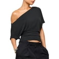 thumbnail image 2 of Dweltoz Off the Shoulder Drapey Tops for Women Ruched Bat Wing Dolman Short Sleeve Y2k Shirts Fitted Waist Trendy Casual Going Out,Dark Blue L, 2 of 4
