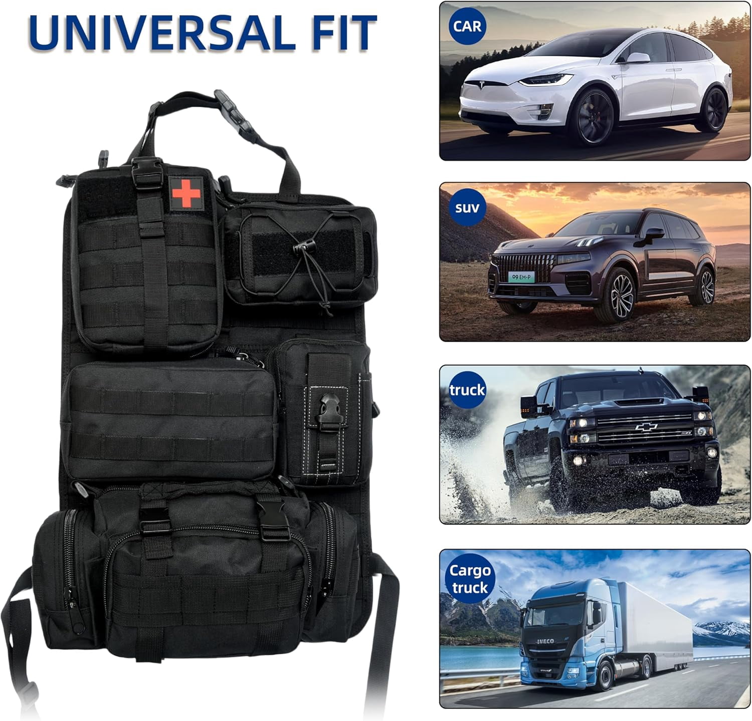 Tactical Car Seat Back Organizer,Back Seat Organizer with 5 Detachable Molle Pouches,Molle Panel Organizer Fits for Vehicel Such as Jeep,Truck,SUV, Car