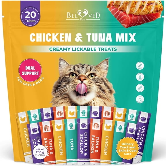 Creamy Lickable Cat Treats & Wet Squeeze Tubes β Tuna Mix, Liquid Cat Snacks, Urinary Care, Multivitamin Treats for Cats & Small Dogs, Lick Up (10 Ounce, Tuna Chicken Mix 20 Sticks)
