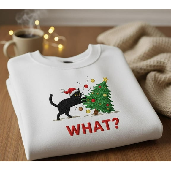 Custom Funny Cat Christmas Sweatshirt, Embroidered Black Cat Holiday Sweater, Cute Pet Xmas Crewneck, Santa Hat Cat Gift
