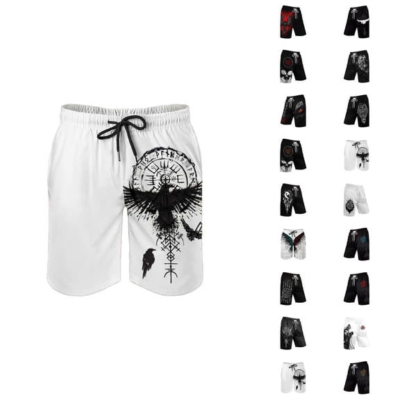 Casual Shorts for Men 2026 Summer Elastic Waist Relaxed Fit Straight Leg Viking Style Printed Shorts