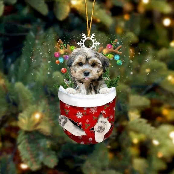 Acrylic 2D FLAT Brown Shorkie In Snow Pocket Christmas Ornament
