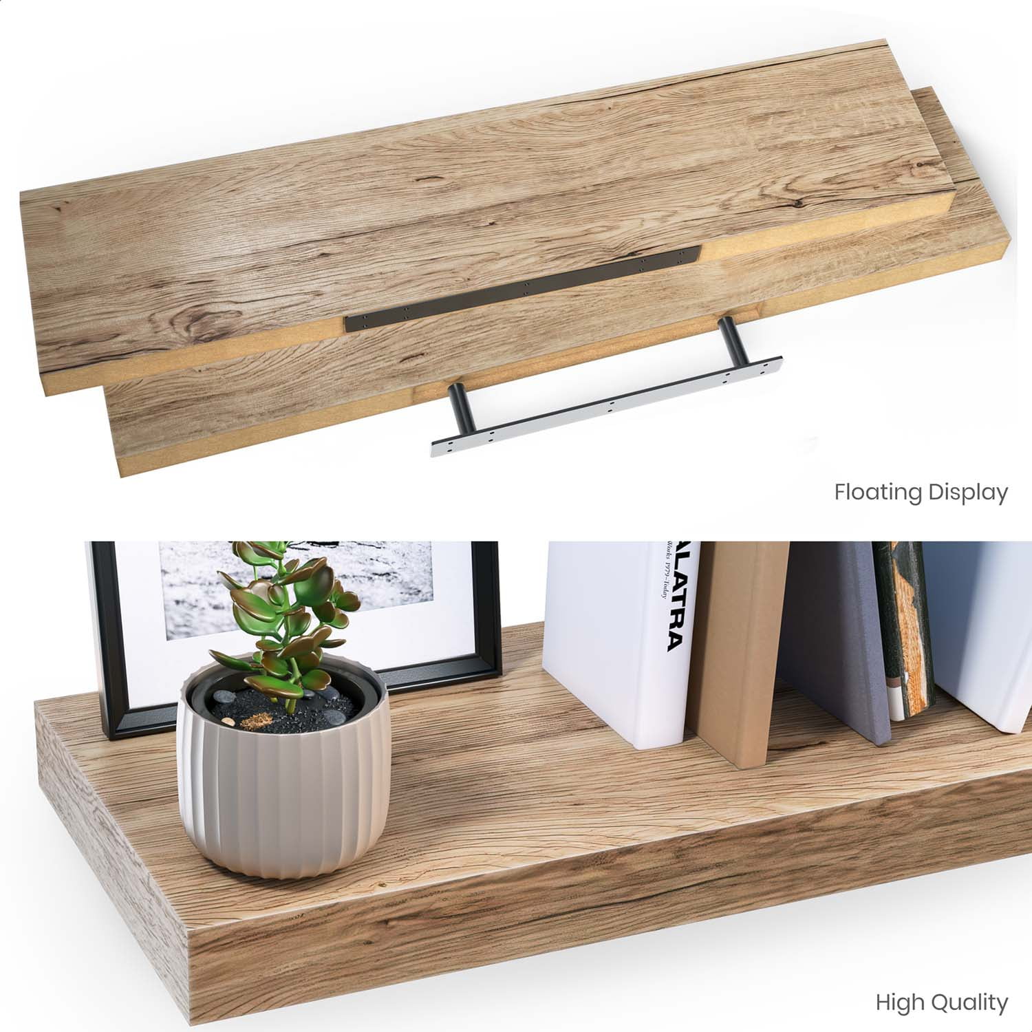 Ballucci 36" Floating Shelves, 2-Pack Wood Wall Shelf Set with Invisible Brackets, 6" Deep, Oak Finish