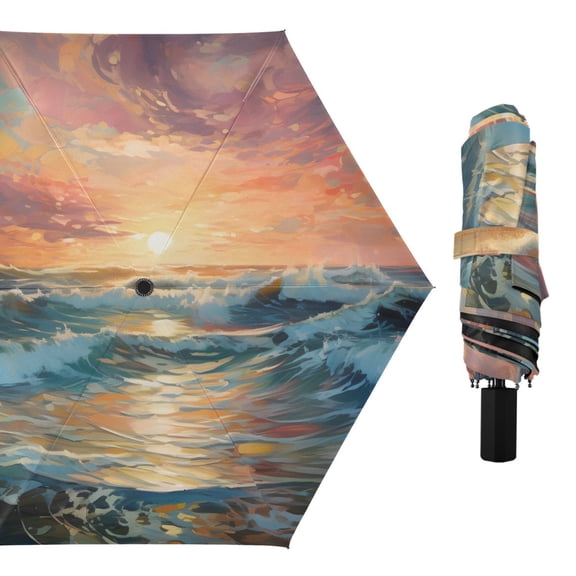 Wave and Sunset Compact Sun Umbrella Windproof Travel Umbrellas for Rain Strong Portable UV Protection