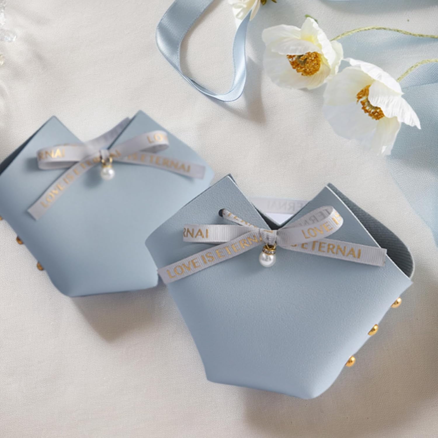 10 Pack Leather Bowknot Gift Boxes: Party Favor Bag Candy Gift Party Favor Boxes, Mini Gift Bags with Handles, Reusable Gift Bag for Baby Showers Wedding Christmas Party Valentines's Day (Blue)