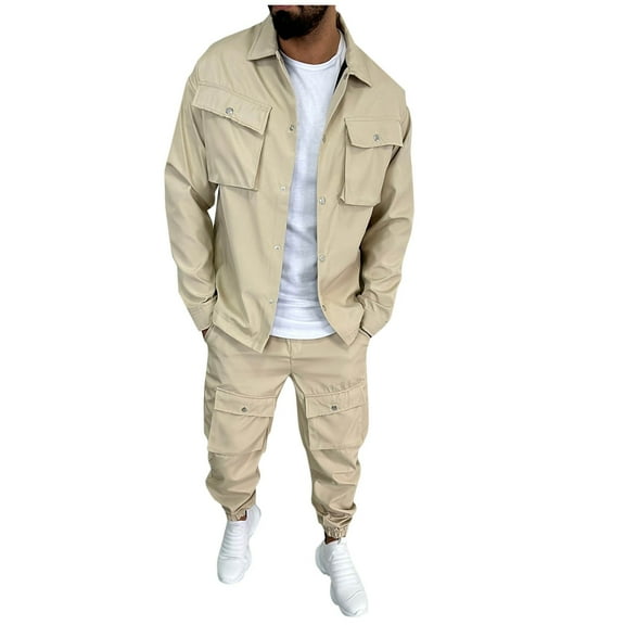 Ahabrexf Suits for Men, Casual Solid Color Long Sleeve Lapel Cardigan and Leg Tied Pants Set